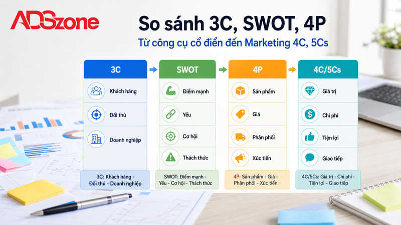 So sánh mô hình 3C với SWOT, 4P và sự phát triển sang Marketing 4C, 5Cs