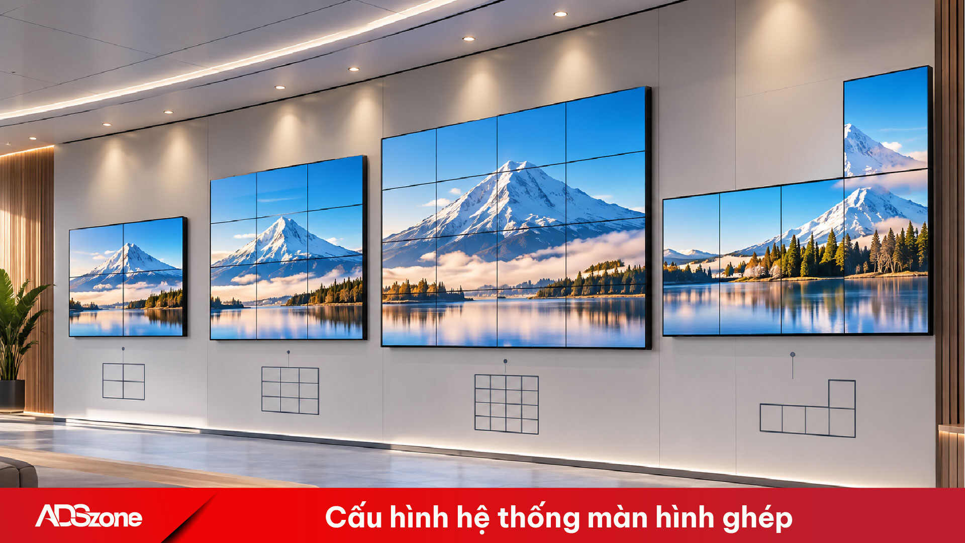 Hệ thống màn hình ghép kết hợp nhiều màn hình đơn thành bề mặt hiển thị lớn theo nhu cầu sử dụng