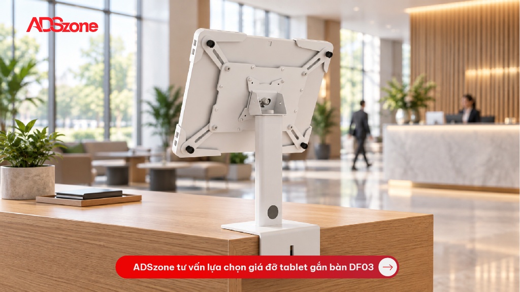 Giá đỡ tablet gắn bàn DF03, model SR-DF10-IB03, bảo hành 12 tháng. Liên hệ ADSzone để tư vấn cấu hình phù hợp và nhận báo giá.