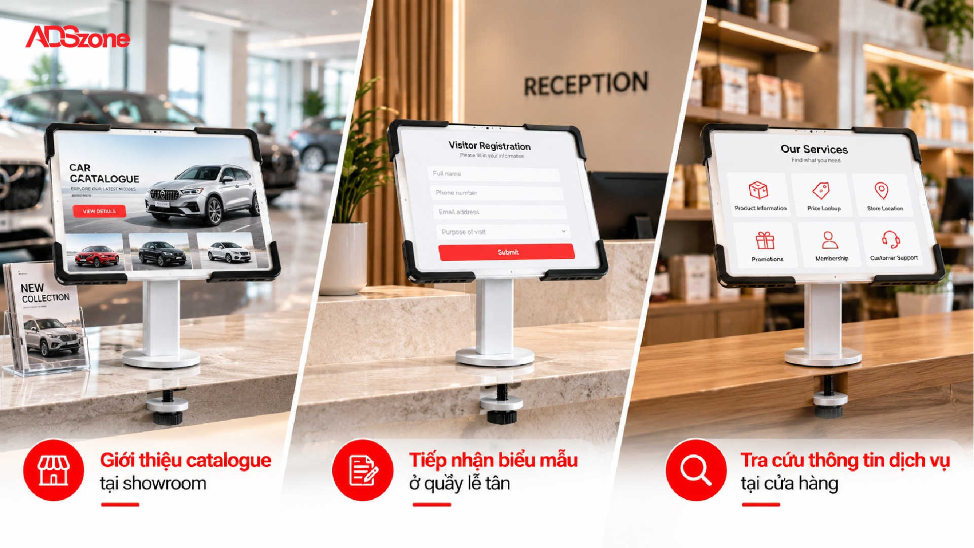 Giá đỡ Tablet gắn bàn DF02 phù hợp tại các quầy dịch vụ, lễ tân