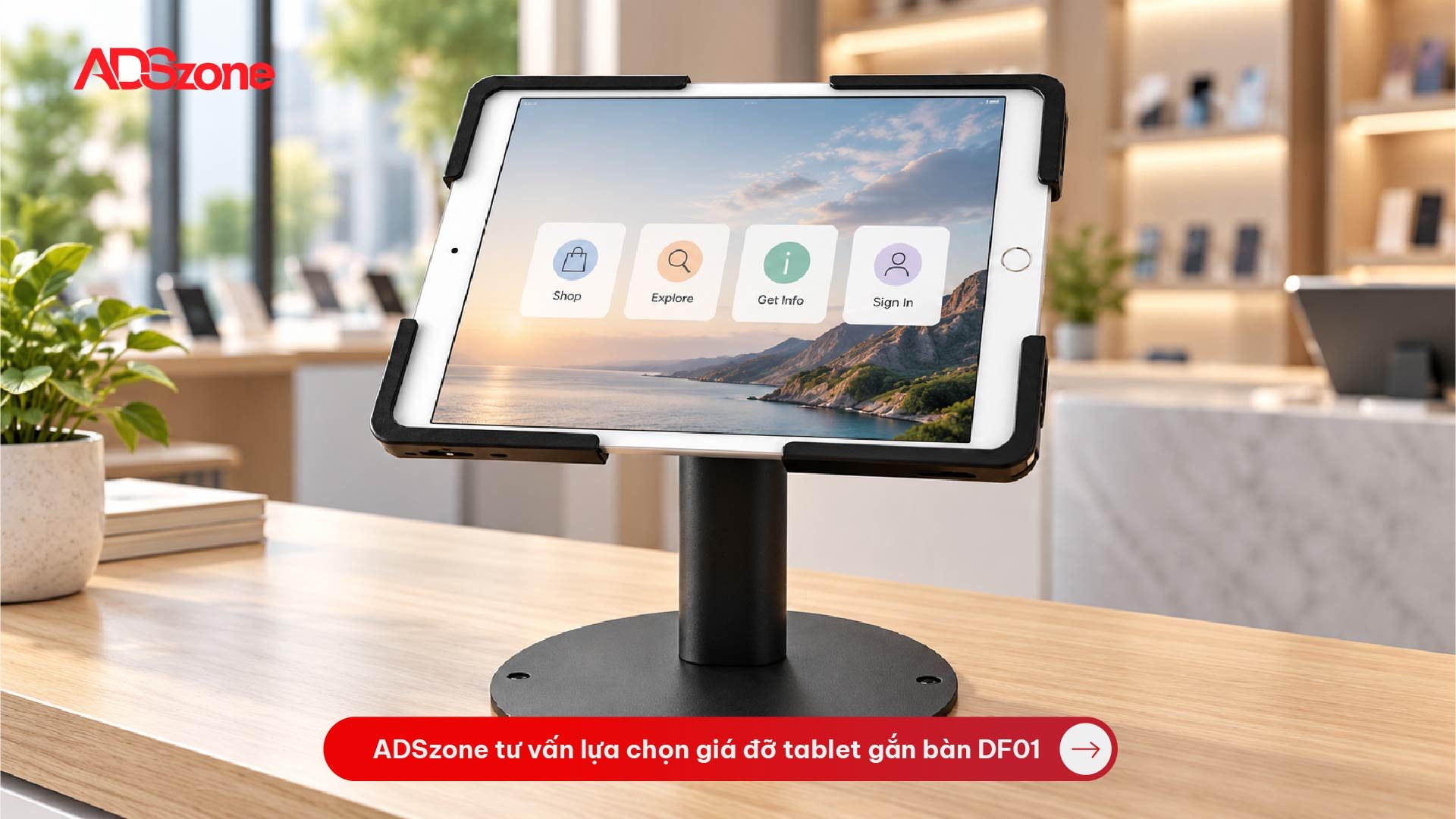 Giá đỡ tablet gắn bàn DF01 màu đen đặt trên bàn tư vấn