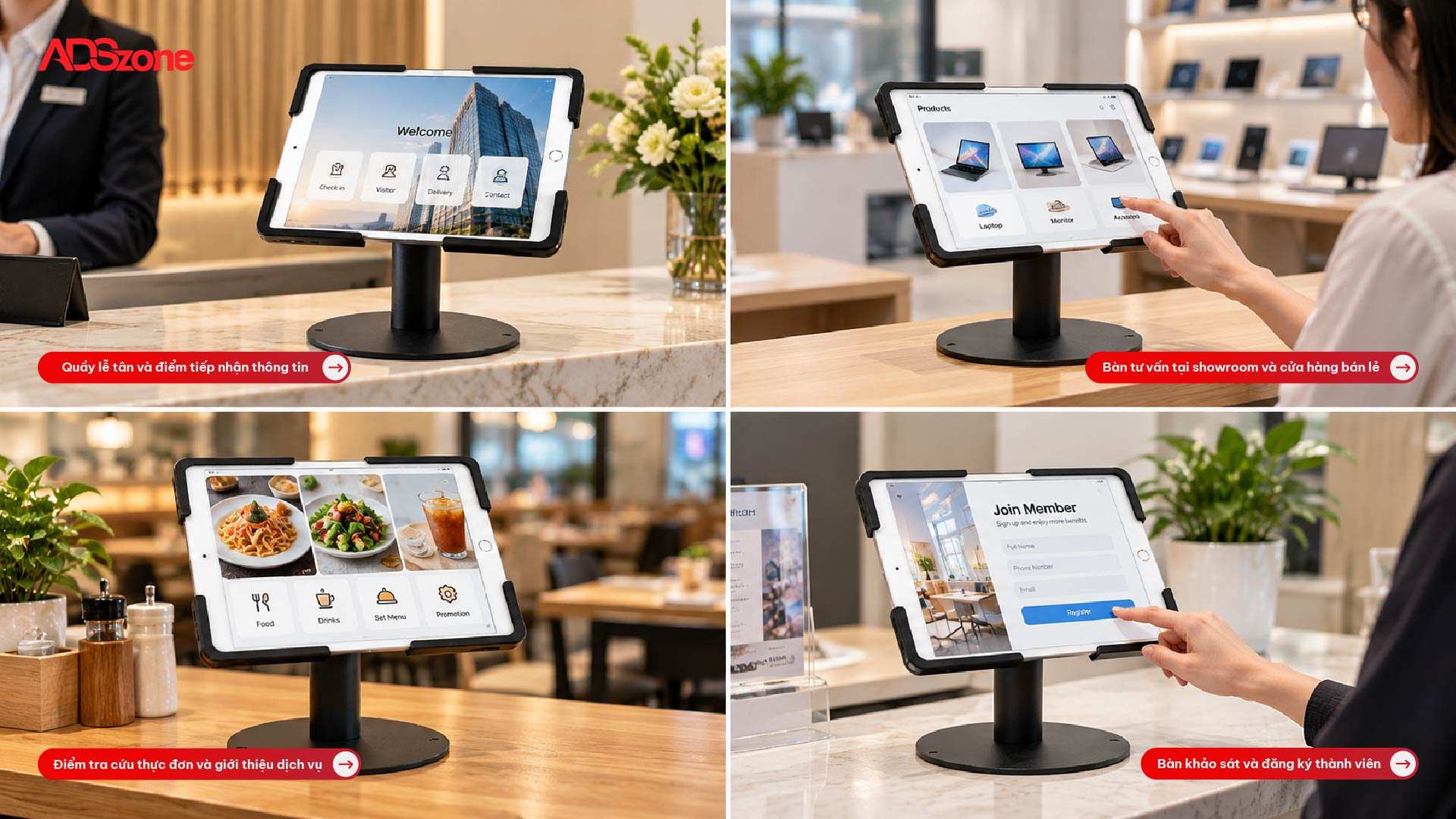 Ứng dụng giá đỡ tablet gắn bàn DF01 tại lễ tân, showroom, quầy thực đơn và bàn khảo sát