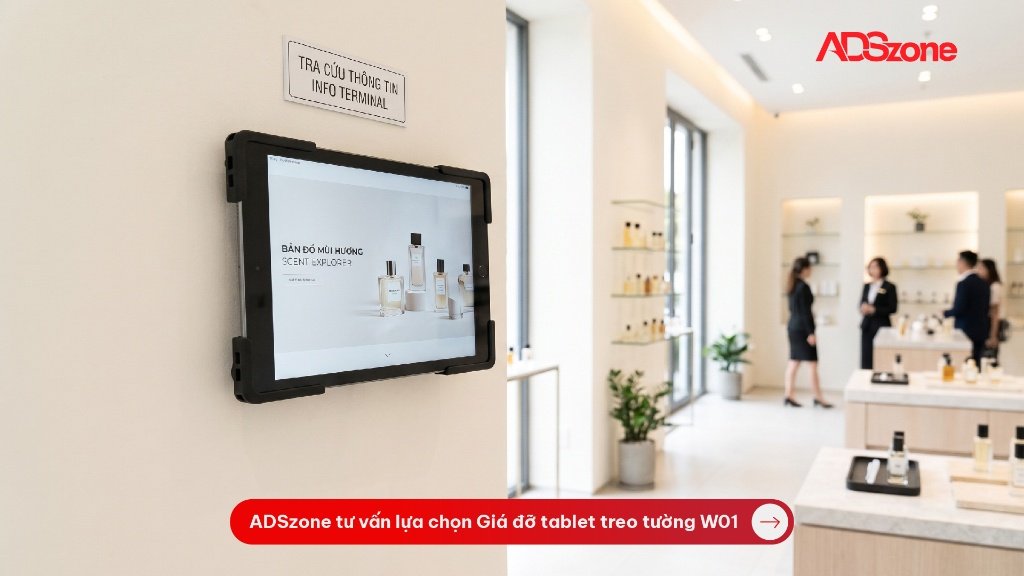 Giá đỡ tablet treo tường W01 trong không gian showroom