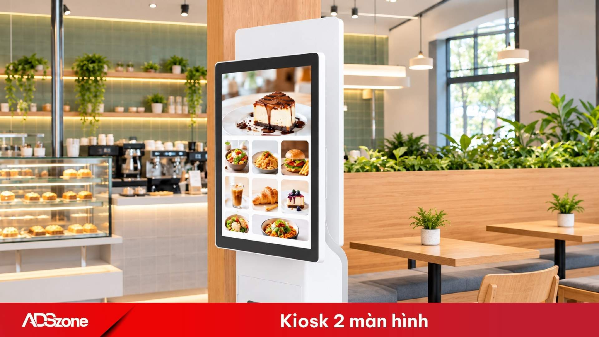 Kiosk hai màn hình cảm ứng hỗ trợ tương tác hai phía tại quầy order và thanh toán
