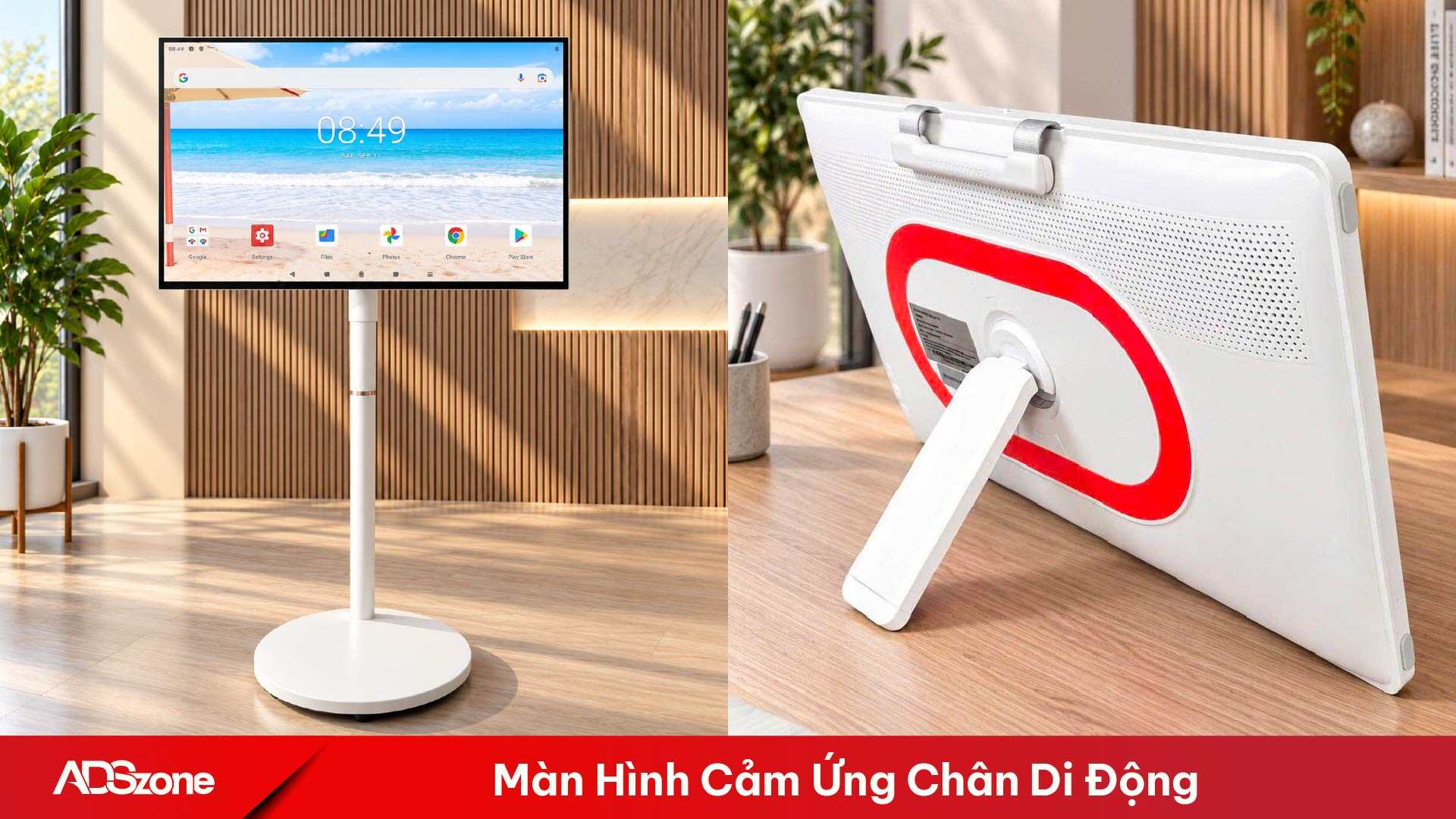 Màn hình cảm ứng có chân đế bánh xe linh hoạt, thuận tiện di chuyển giữa các khu vực làm việc 