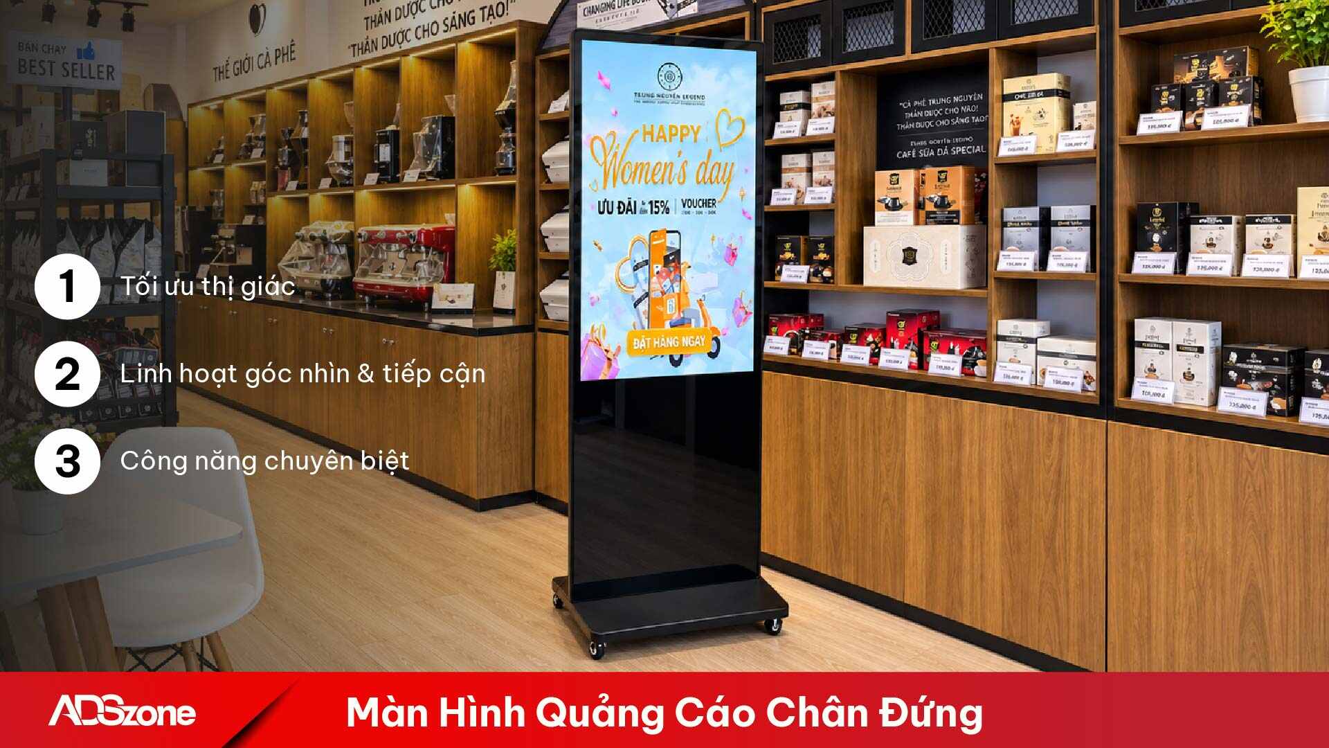 Màn hình quảng cáo chân đứng hiển thị nội dung quảng cáo kỹ thuật số