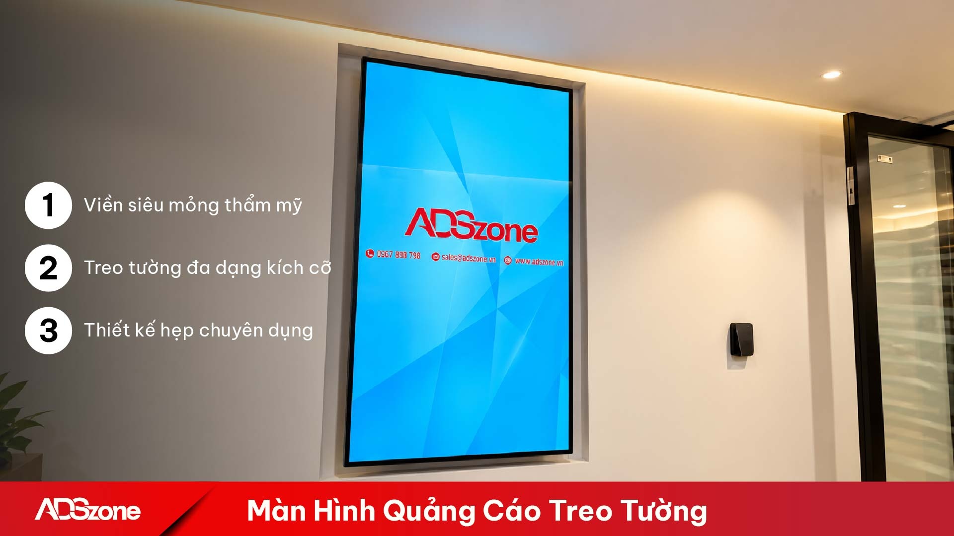 Màn hình quảng cáo treo tường viền mỏng, thiết kế hiện đại cho không gian thương mại