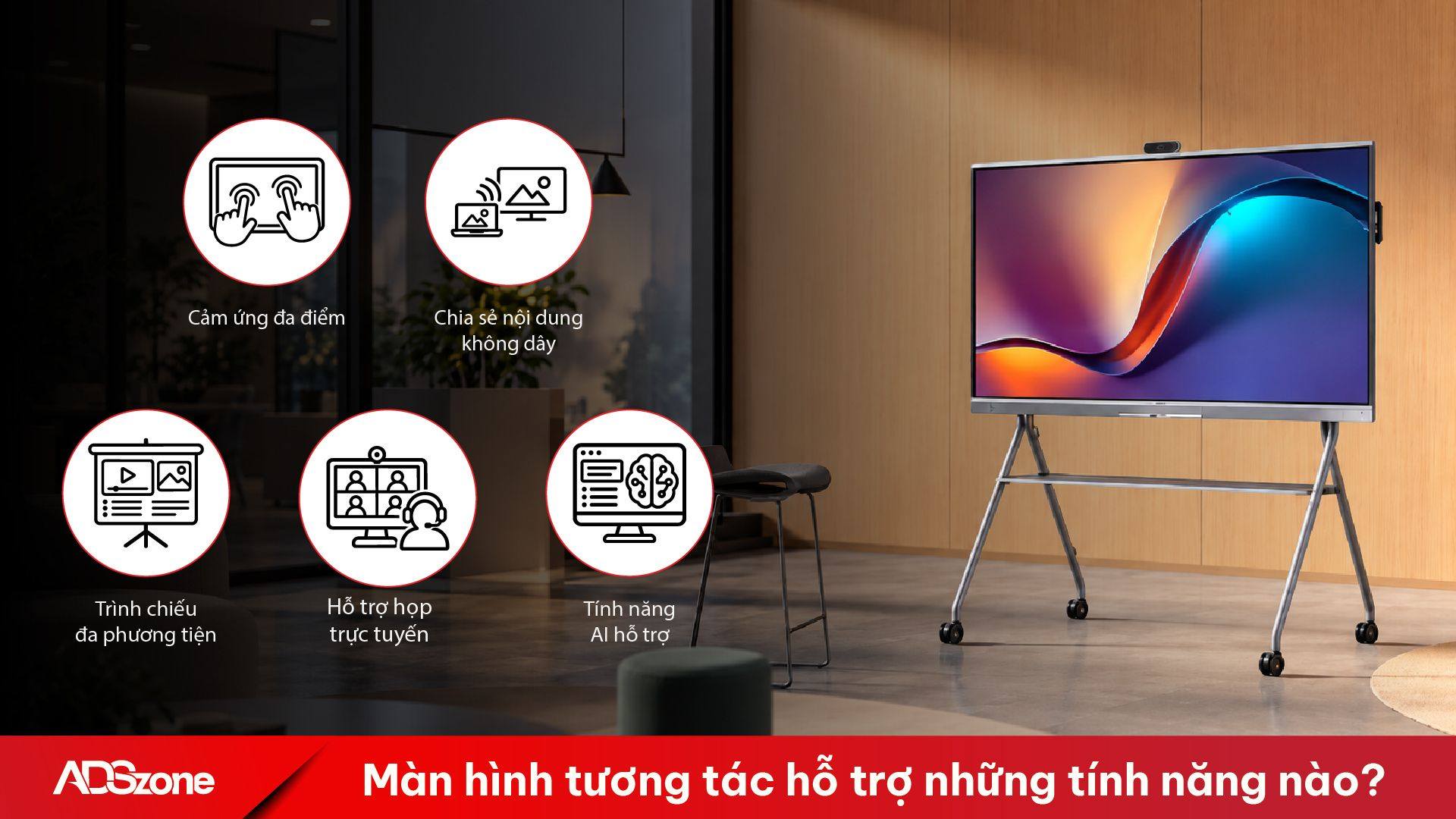 Các tính năng của màn hình tương tác gồm viết chú thích, bảng trắng điện tử, chia sẻ không dây và hỗ trợ AI