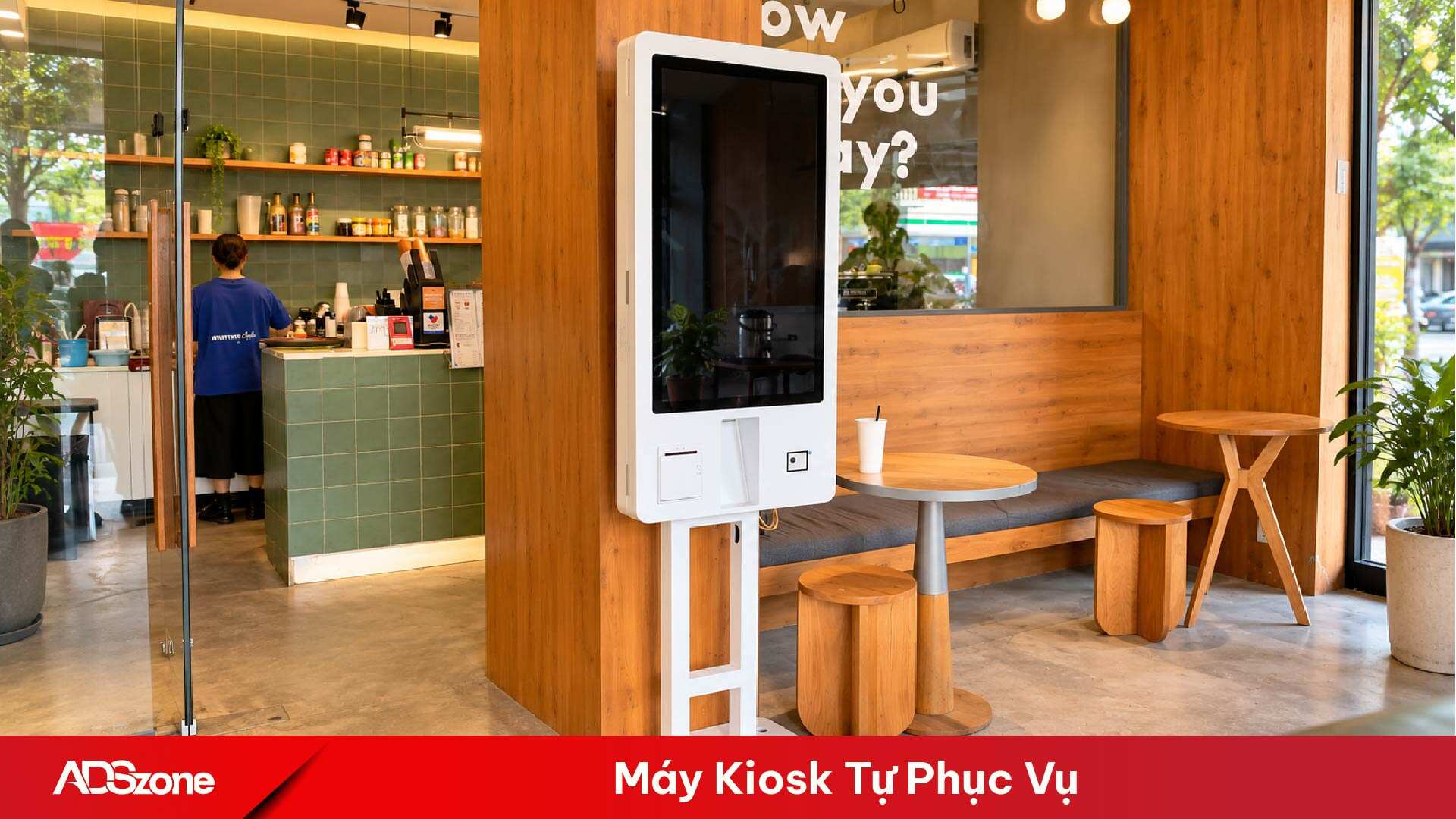 Máy Kiosk bán hàng cảm ứng tích hợp máy in hóa đơn và thiết bị quét mã thanh toán tự động 