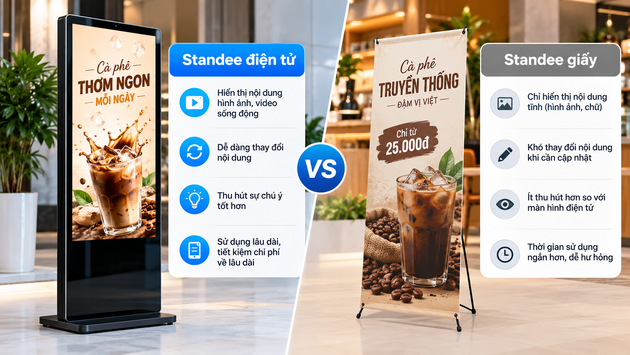 Standee điện tử khác standee giấy thế nào